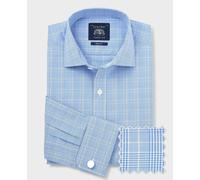 Men's Blue Cotton Prince of Wales Check Slim Fit Formal Shirt - Double Cuff - Size: 18" x Standard - 37" - Savile Row Company