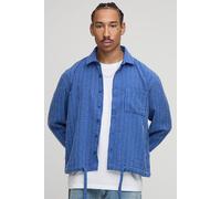 Mens Blue Oversized Boucle Bungee Hem Check Overshirt, Blue XS