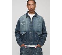 Mens Blue Oversized Boxy Cargo Paint Splatter Denim Jacket, Blue M