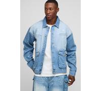 Mens Blue Oversized Boxy Cargo Paint Splatter Denim Jacket, Blue M
