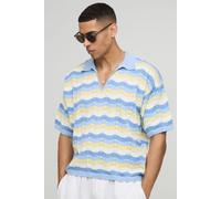 Mens Blue Oversized Boxy Crochet Look Stripe Knitted Polo, Blue XS