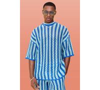 Mens Blue Oversized Open Stitch Stripe Knitted T-shirt, Blue L