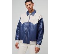 Mens Blue Oversized Western Panelled Collared Bomber Jacket, Blue M