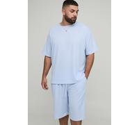 Mens Blue Plus Oversized Textured T-Shirt & Short Set, Blue 2XL