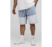 Mens Blue Plus Relaxed Fit Printed Colour Block Drawcord Denim Shorts, Blue 4XL
