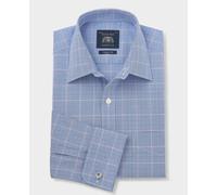 Men's Blue Prince of Wales Check Cotton Classic Fit Formal Shirt - Double Cuff - Size: 15.5" x Standard - 34" - Savile Row Company