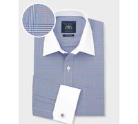 Men's Blue Prince of Wales Check Cotton Poplin Classic Fit Winchester Formal Shirt - Double Cuff - Size: 18.5" x Standard - 37" - Savile Row Company