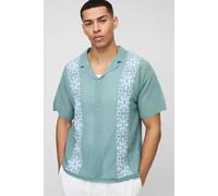 Mens Blue Relaxed Fit Crochet Look Border Stripe Knitted Shirt, Blue M
