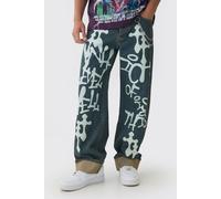 Mens Blue Relaxed Rigid Graffiti Spray Printed Jeans, Blue 30R