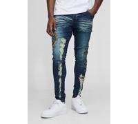 Mens Blue Skinny Fit Distressed Snake Embroidery Jeans, Blue 32R