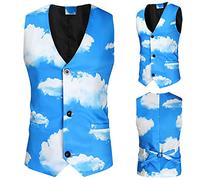 Men's Blue Sky Print Suit Vest Business Formal Dress Waistcoat Cloud Printed Single Breasted V-Neck Tuxedo Waistcoats, New Trend Casual Slim Fit Suit Vests for Men UK 2023