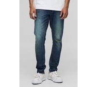 Mens Blue Slim Fit Subtle Ripped Tinted Jeans With Let Down Hem, Blue 30R