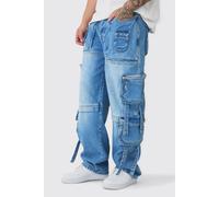 Mens Blue Tall Baggy Rigid Multi Pocket Strap Detail Cargo Jeans, Blue 34