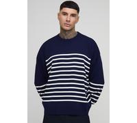 Mens Blue Tall Knitted Stripe Oversized Crew Neck Jumper, Blue S