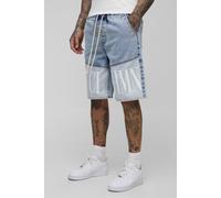 Mens Blue Tall Printed Colour Block Drawcord Relaxed Denim Shorts, Blue M