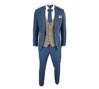 Mens Blue Tan Brown 3 Piece Herringbone Tweed Check Vintage Tailored Fit Suit