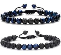 Men's Blue Tiger Eye Black Agate Braided Bracelet - 8mm Natural Lava Stone Beads, Handcrafted Spiritual Jewelry Gift (2PCS)