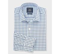 Men's Blue White Cotton Poplin Window Check Slim Fit Formal Shirt - Single Cuff - Size: 17" x Standard - 35.5" - Savile Row Company