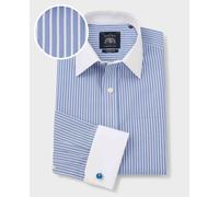 Men's Blue White Stripe Classic Fit Non-Iron Formal Shirt With White Collar & Cuffs - Double Cuff - Size: 17.5" x Standard - 36" - Savile Row Company
