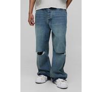 Mens Blue Wide Leg Ripped Knee Jeans With Let Down Hem, Blue 34R