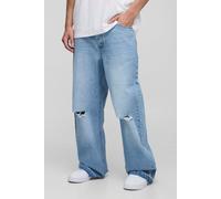 Mens Blue Wide Leg Ripped Knee Jeans With Let Down Hem, Blue 36R