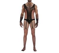 Men's Bodysticking Mesh Body Long Sleeve Mesh Bodysuit Transparent Jumpsuit Overall Net Catsuit with Bulge Pouch Fishnet Stockings Men's Body Lingerie, black, One Size