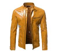 Men's Bomber Aviator Leather Jacket PU Biker Leather Coats Solid Business Military Leather Jacket Coat Wind Jacket with Pocket for Indoor Outdoor Sports Vintage Punk Leather Jacket, yellow, M