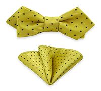 Mens Bow Tie Pocket Square Set, Boy & Men Bowtie with Handkerchief For Formal Tuxedo & Wedding Party & Homecoming M-S-SB2, Golden With Black Polka Dots, One size