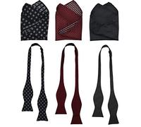 Mens Bow Tie, Self Tied Men Bowtie & Pocket Square For Formal Tuxedo or Wedding Party Set of 3 M-S-B1, A2 - Black Plaid, Burgundy Diamond Dots,black Paisley Print, One size