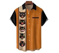 Mens Bowling Shirt Long Sleeve Vintage Printed Camp Shirt Casual Button Down Shirt, Ss-halloween Cat, XXXL