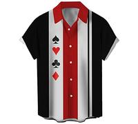 Mens Bowling Shirt Short Sleeve Vintage Printed Camp Shirt Casual Button Down Shirt, 01-playing Cards, 3XL