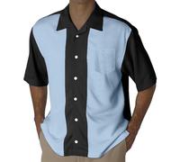 Men's Bowling Shirt Work Gab Shirt Rockabilly Teddy Boy Two Tone Gabardine Lounge Fifties Vintage Retro 50s Double Panel Short Sleeve Button Down Summer Cuba Beach Shirts, O Blue, XXL