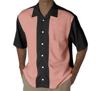 Men's Bowling Shirt Work Gab Shirt Rockabilly Teddy Boy Two Tone Gabardine Lounge Fifties Vintage Retro 50s Double Panel Short Sleeve Button Down Summer Cuba Beach Shirts, O Rosa, L