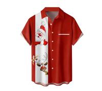 Men's Bowling Shirts Vintage Printed Chest Pocket Hawaiian Shirt Short Sleeve Casual Aloha Beach Camp Shirt, Christmas Santa, XL