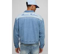Mens Boxy Fit Ice Blue Washed Embroidered Denim Jacket, Blue XXL