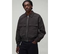 Men's Boxy Fit Textured Check Harrington Jacket | Brown | Size Large | BOOHOOMAN