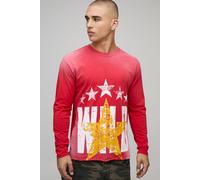 Men's Boxy Western Wild Star Washed Long Sleeve Printed T-Shirt | Red | Size Large | BOOHOOMAN