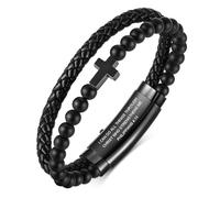 Mens Bracelet Christmas Gift for Men - Double-Row Black Braided Leather Bracelets for Men,Black Stainless Steel Cross Bible Verse Jewelry With Black Onyx Beads Bracelets Religious Gifts for Christian