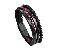 Mens Bracelet Leather Black Tiger Eye Stone Beaded Bracelet With Magnetic Clasp Viking Multi-Layer Surfer Wristband Jewellery Gift For Boyfriend Dad Son Brother Red Tiger'S Eye Stone 21Cm