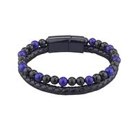 Mens Bracelet Leather Black Tiger Eye Stone Beaded Bracelet With Magnetic Clasp Viking Multi-Layer Surfer Wristband Jewellery Gift For Boyfriend Dad Son Brother Blue Lapis Lazuli + Black