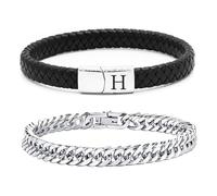 Men's Bracelet Stainless Steel Bracelets Leather Bracelet Men Stainless Steel Letters Engraved Bracelet 2 Pieces Men Bracelets Cuban Bracelet Leather Bracelet with Clasp, Standard, Stainless Steel, No