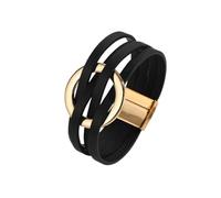 Mens Bracelets,Fashion Multilayer Leather Bracelet Metal Hoop Cuff Bangles With Magnetic Buckle Jewelry For Women Men Black