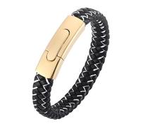 Mens Bracelets Leather, Braided Leather Bracelet For Mens Handmade Woven Cuff Wristband With Buckle Vintage Jewellery With Pouch Festival Gifts For Husband Boyfriend Black White 21Cm