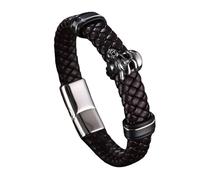 Mens Bracelets Leather, Braided Leather Bracelet For Mens Magnetic Clasp Handmade Wristband With Skull Charm Gothic Halloween Jewellery For Boyfriend Husband Brown 18.5Cm