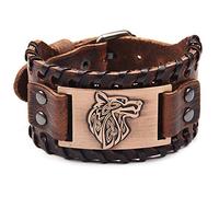 Mens Bracelets Leather,Brown Viking Wide Leather Bracelet with Wolf Head Pattern Vintage Nordic Talisman Adjustable Wristbands Gothic Handmade Braided Cuff Bangle Jewelry Gift Pu Antique Copper