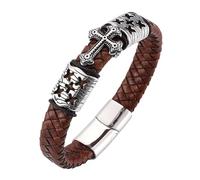 Mens Bracelets Leather, Cross Leather Bracelet For Men Handmade Braided Faith Crucifix Wristband Meditation Amulet Stackable Halloween Jewellery Gifts For Women 19.5Cm
