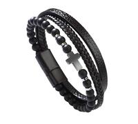 Mens Bracelets Leather, Cross Leather Bracelet For Men Multi-Layer Braided Natural Lava Tiger'S Eye Stone Beads Cuff Bangle Faith Crucifix Crystal Jewellery Gifts For Dad Him Husband Black O