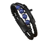 Mens Bracelets Leather, Cross Leather Bracelet For Men Natural Turquoise Lapis Lazuli Tiger'S Eye Stone Beads Bangle Faith Crucifix Crystal Jewellery Gifts For Dad Him Husband Lapis Lazuli