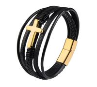 Mens Bracelets Leather, Cross Multi-Layer Braided Bracelet Handmade Faith Crucifix Wristband With Magnetic Clasp Meditation Amulet Good Luck Jewelry For Women Golden 23Cm