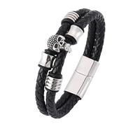 Mens Bracelets Leather, Double Layer Leather Wrap Bracelet For Men Handmade Cuff Wristband With Skull Charm Punk Rock Halloween Jewellery For Boyfriend Husband Silver 20.5Cm